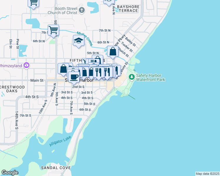 map of restaurants, bars, coffee shops, grocery stores, and more near 101 South Bayshore Boulevard in Safety Harbor