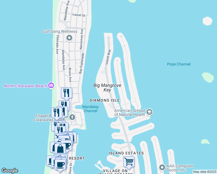map of restaurants, bars, coffee shops, grocery stores, and more near 707 Island Way in Clearwater