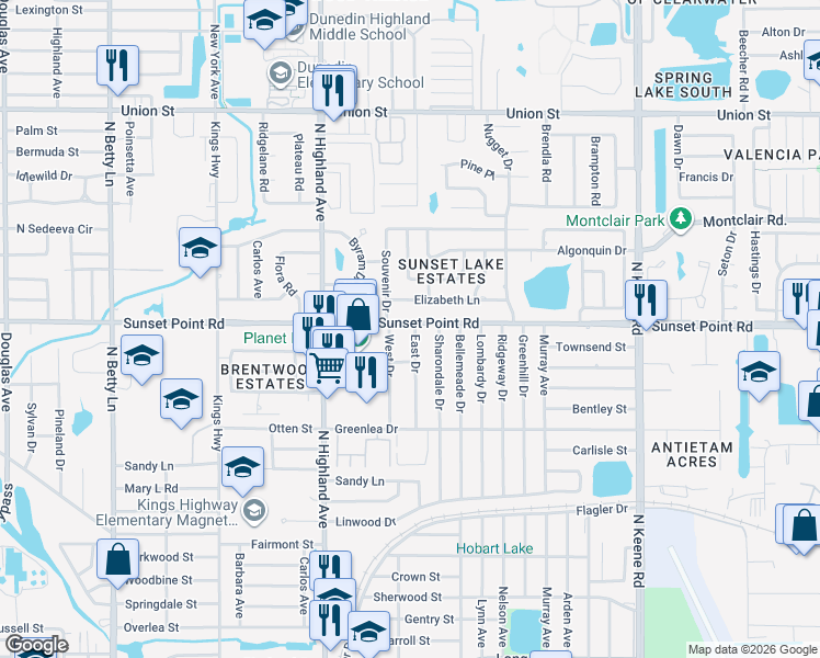 map of restaurants, bars, coffee shops, grocery stores, and more near 1868 East Drive in Clearwater