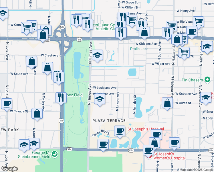 map of restaurants, bars, coffee shops, grocery stores, and more near 3315 West Louisiana Avenue in Tampa