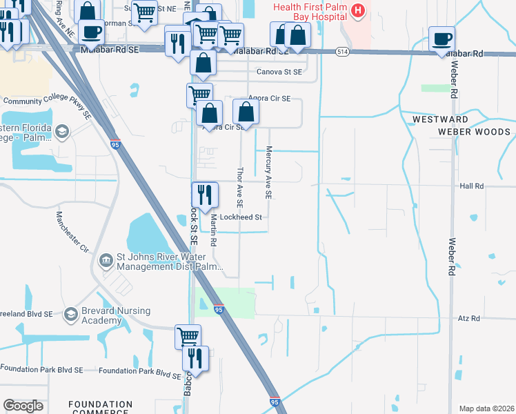 map of restaurants, bars, coffee shops, grocery stores, and more near 440 Mercury Avenue Southeast in Palm Bay