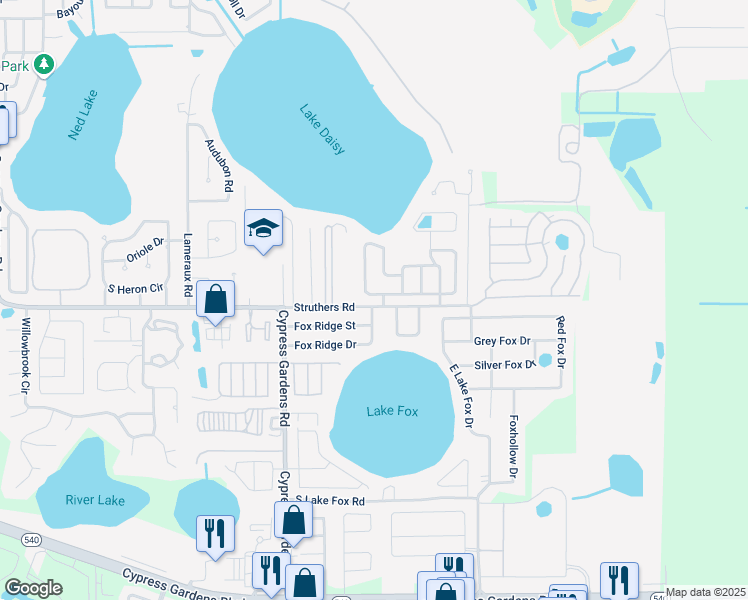 map of restaurants, bars, coffee shops, grocery stores, and more near 404 Lake Daisy Drive in Winter Haven