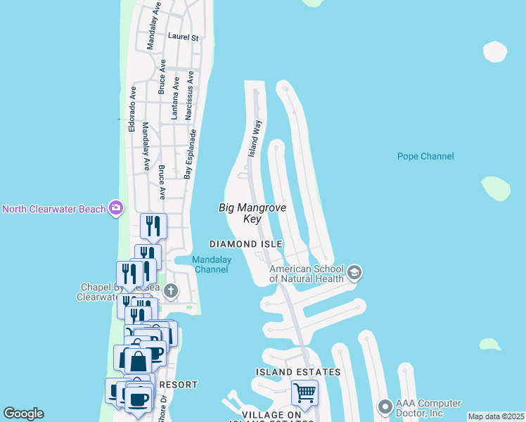 map of restaurants, bars, coffee shops, grocery stores, and more near 707 Island Way in Clearwater