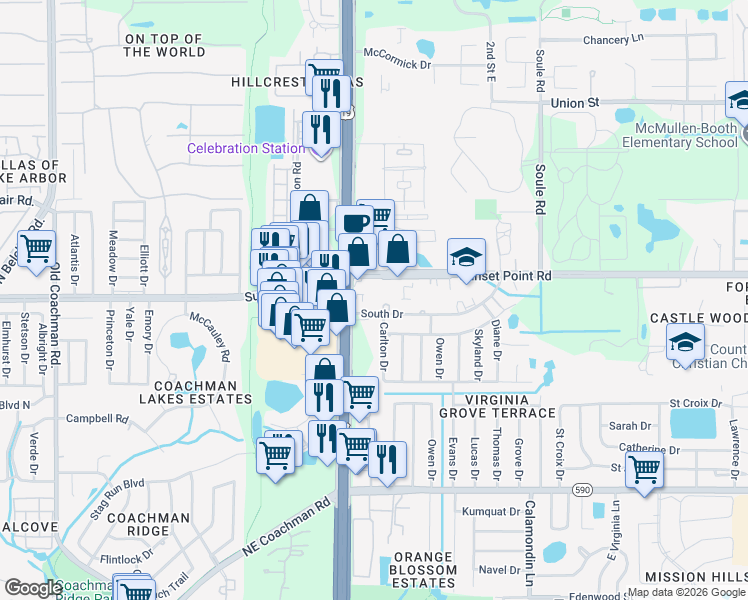 map of restaurants, bars, coffee shops, grocery stores, and more near 2612 South Drive in Clearwater