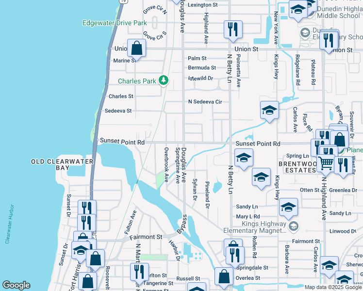 map of restaurants, bars, coffee shops, grocery stores, and more near 1181 Sunset Point Road in Clearwater
