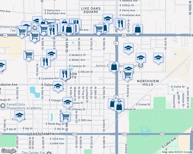 map of restaurants, bars, coffee shops, grocery stores, and more near 4911 North 38th Street in Tampa