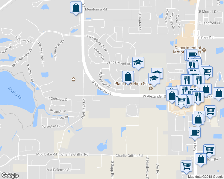 map of restaurants, bars, coffee shops, grocery stores, and more near 1325 West Redbud Street in Plant City