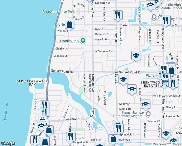 map of restaurants, bars, coffee shops, grocery stores, and more near 1181 Sunset Point Road in Clearwater