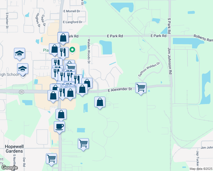 map of restaurants, bars, coffee shops, grocery stores, and more near 2323 Tanbark Ridge Place in Plant City