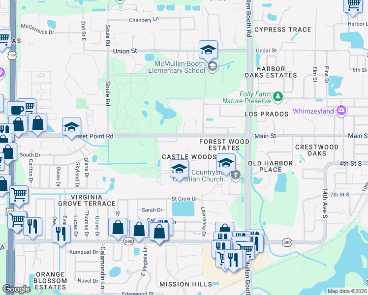 map of restaurants, bars, coffee shops, grocery stores, and more near 1886 Castle Woods Drive in Clearwater