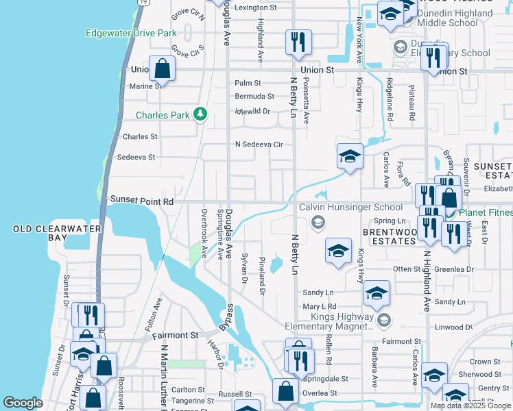 map of restaurants, bars, coffee shops, grocery stores, and more near 1227 Sunset Point Road in Clearwater