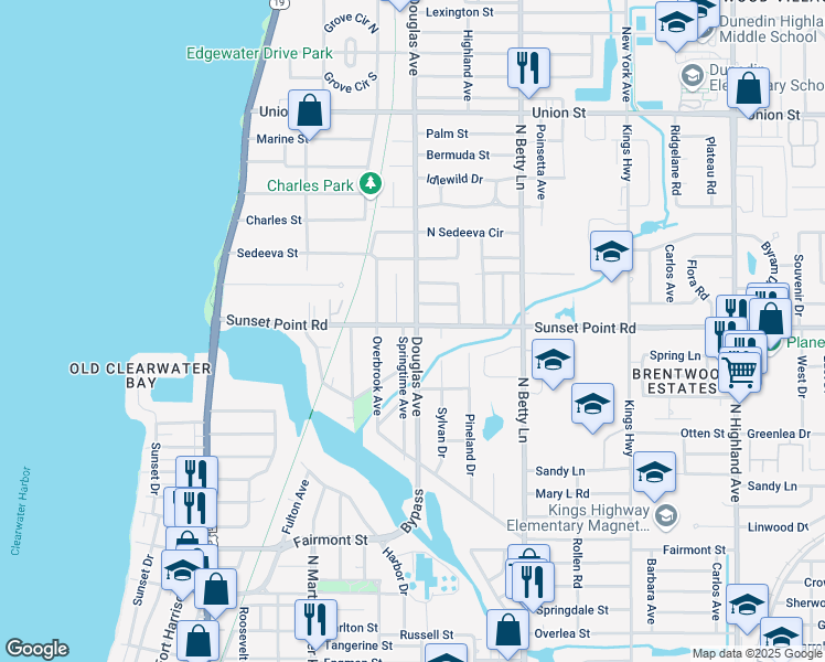 map of restaurants, bars, coffee shops, grocery stores, and more near 1181 Sunset Point Road in Clearwater