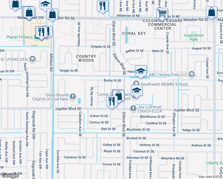 map of restaurants, bars, coffee shops, grocery stores, and more near 431 Bargello Avenue Southeast in Palm Bay