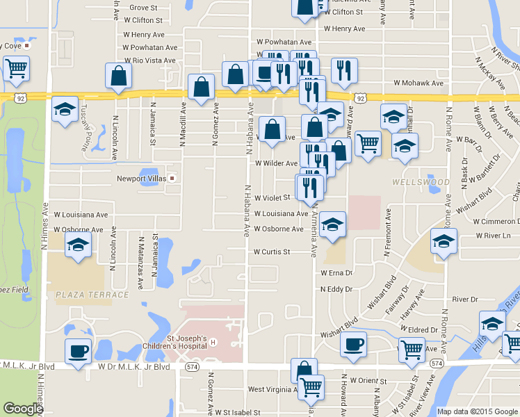 map of restaurants, bars, coffee shops, grocery stores, and more near 2725 West Louisiana Avenue in Tampa