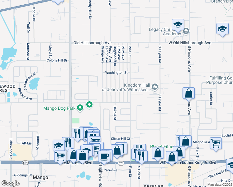 map of restaurants, bars, coffee shops, grocery stores, and more near 5213 Bogdonoff Drive in Seffner
