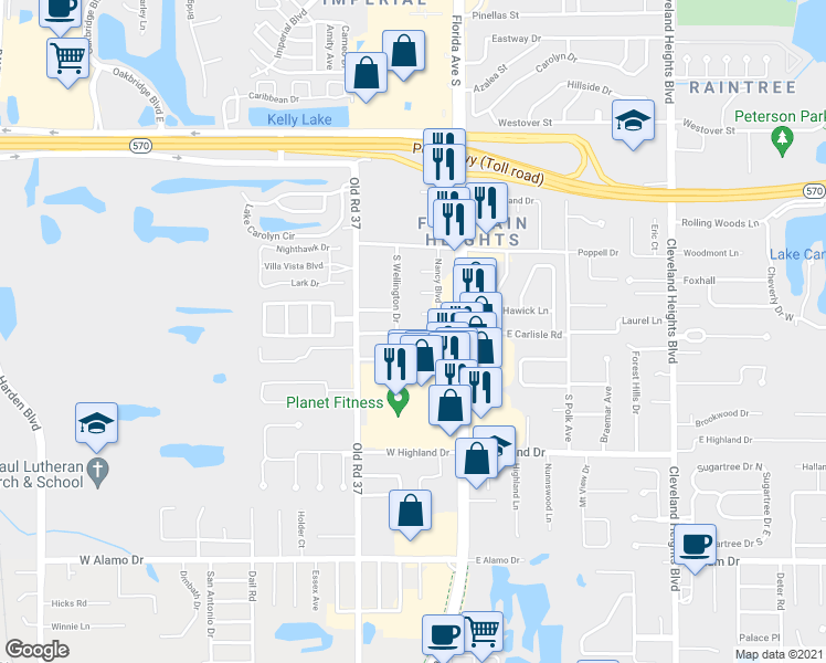 map of restaurants, bars, coffee shops, grocery stores, and more near 223 Rhea Circle in Lakeland