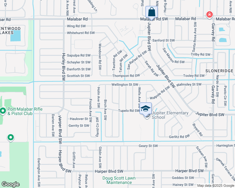 map of restaurants, bars, coffee shops, grocery stores, and more near 434 Wildwood Avenue Southwest in Palm Bay