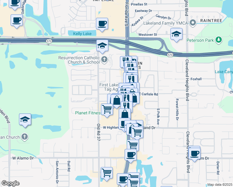 map of restaurants, bars, coffee shops, grocery stores, and more near 215 Rhea Circle in Lakeland