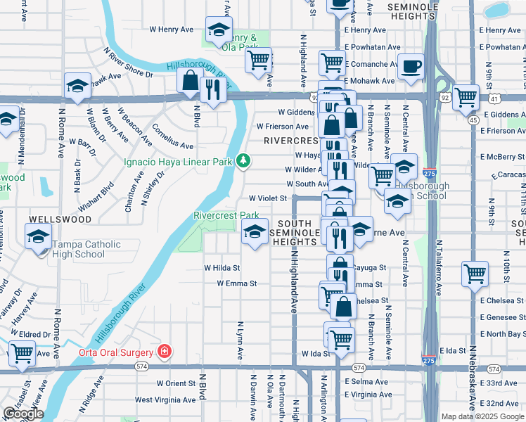 map of restaurants, bars, coffee shops, grocery stores, and more near 405 West Louisiana Avenue in Tampa