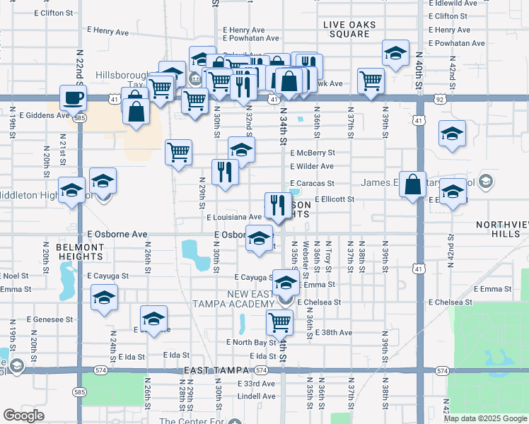 map of restaurants, bars, coffee shops, grocery stores, and more near 3212 East Louisiana Avenue in Tampa