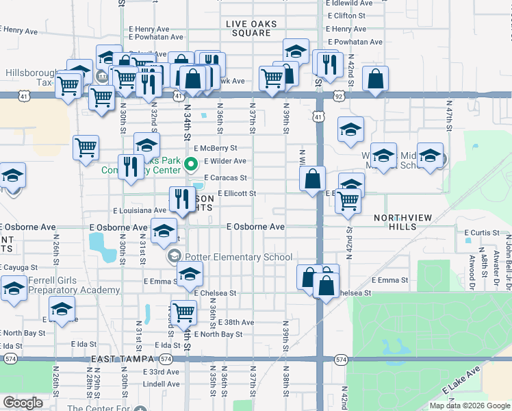 map of restaurants, bars, coffee shops, grocery stores, and more near 4913 North 37th Street in Tampa