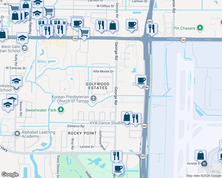 map of restaurants, bars, coffee shops, grocery stores, and more near 4804 Sierra Madre Drive in Tampa