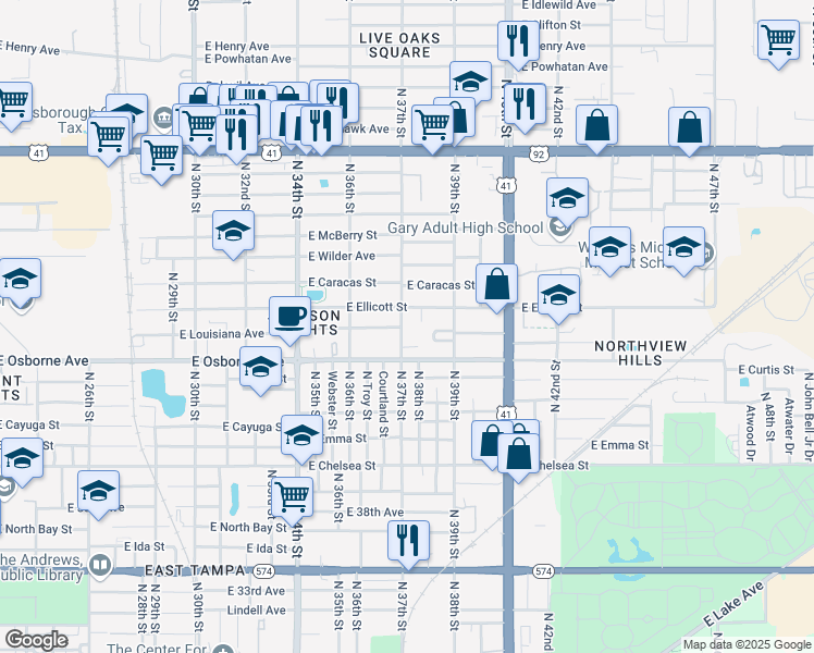 map of restaurants, bars, coffee shops, grocery stores, and more near 4913 North 37th Street in Tampa