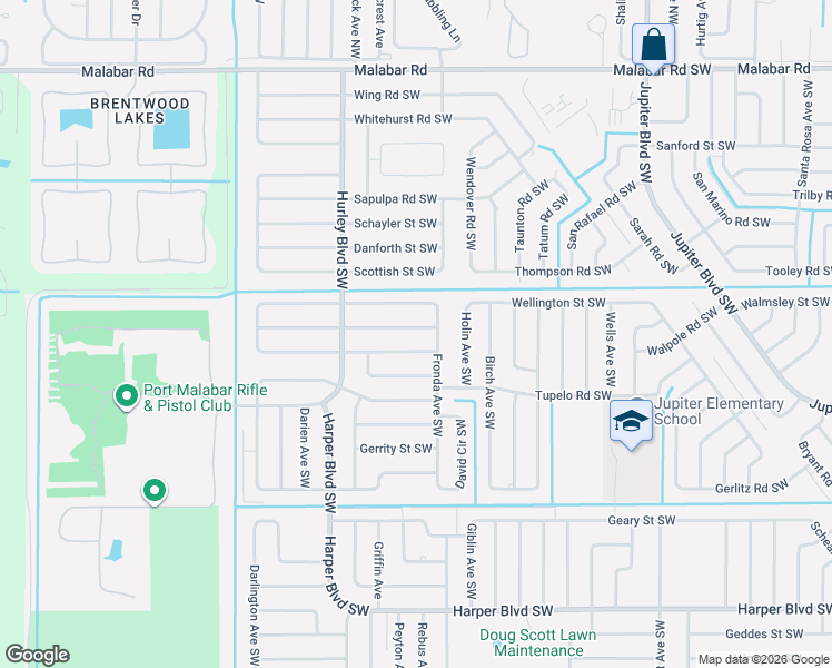 map of restaurants, bars, coffee shops, grocery stores, and more near 1218 Scranton Street Southwest in Palm Bay