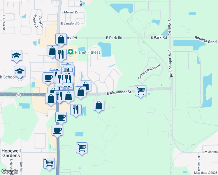 map of restaurants, bars, coffee shops, grocery stores, and more near 2336 Tanbark Ridge Place in Plant City