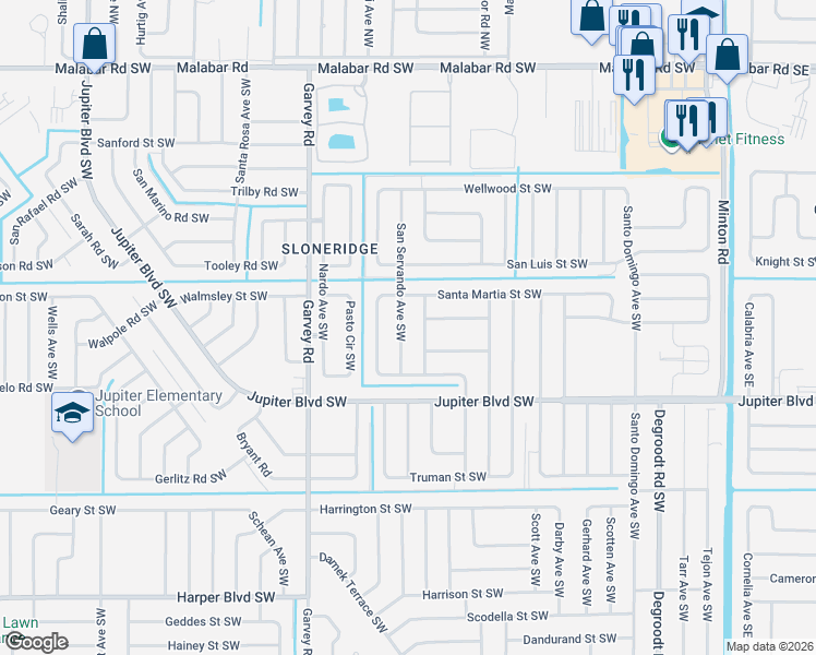 map of restaurants, bars, coffee shops, grocery stores, and more near 440 San Servando Avenue Southwest in Palm Bay