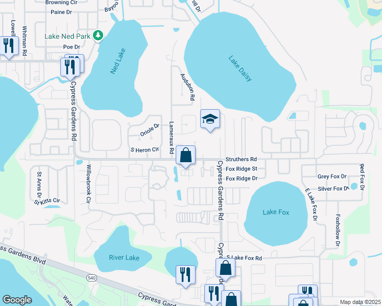 map of restaurants, bars, coffee shops, grocery stores, and more near 1101 Meadow Lark Lane in Cypress Gardens