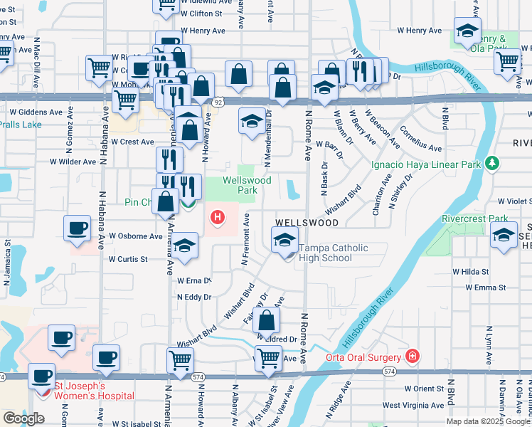map of restaurants, bars, coffee shops, grocery stores, and more near 4823 North Mendenhall Drive in Tampa