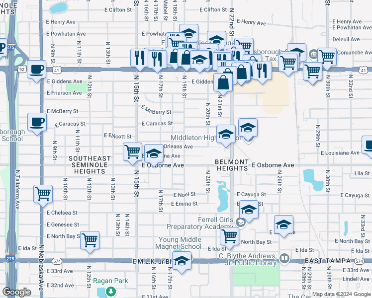 map of restaurants, bars, coffee shops, grocery stores, and more near 1903 East New Orleans Avenue in Tampa