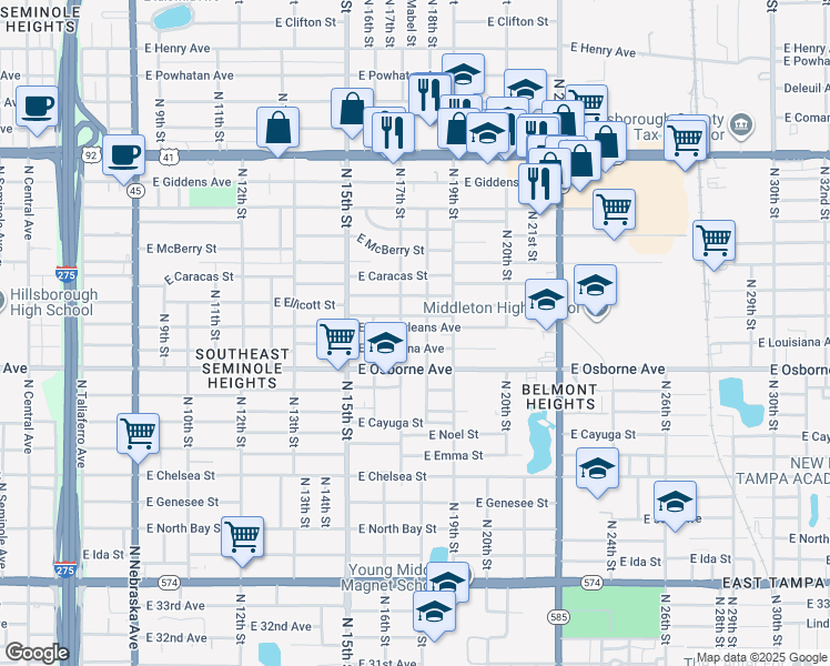 map of restaurants, bars, coffee shops, grocery stores, and more near 1711 East New Orleans Avenue in Tampa