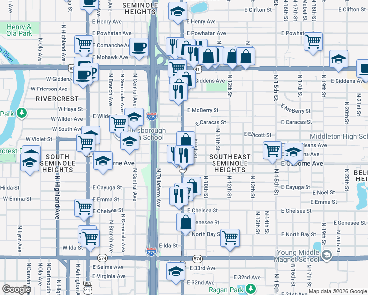 map of restaurants, bars, coffee shops, grocery stores, and more near 903 East New Orleans Avenue in Tampa