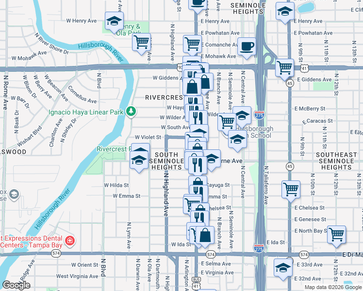 map of restaurants, bars, coffee shops, grocery stores, and more near 203 West Louisiana Avenue in Tampa