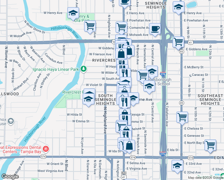 map of restaurants, bars, coffee shops, grocery stores, and more near 203 West Louisiana Avenue in Tampa