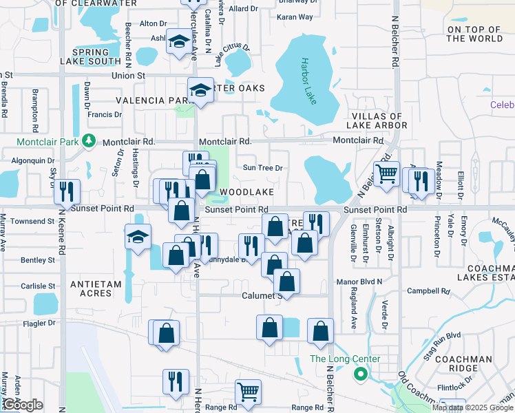 map of restaurants, bars, coffee shops, grocery stores, and more near 2088 Sunset Grove Lane in Clearwater
