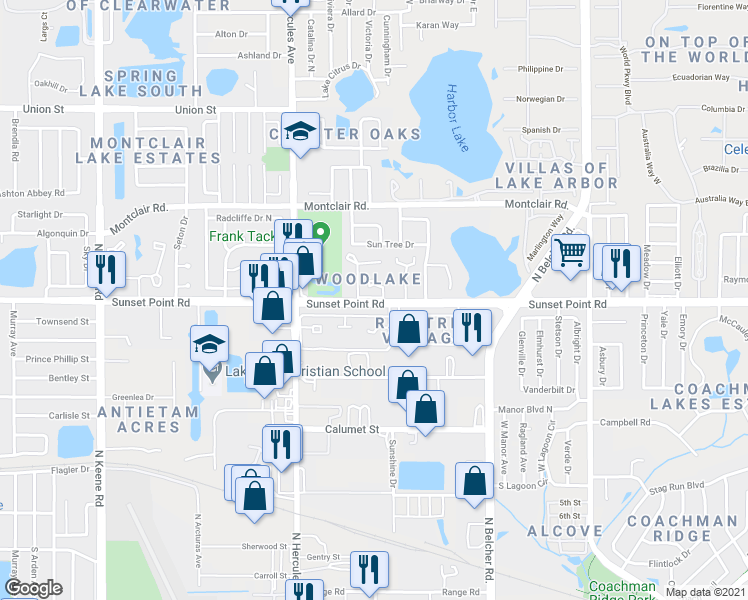 map of restaurants, bars, coffee shops, grocery stores, and more near 2052 Sunset Grove Lane in Clearwater
