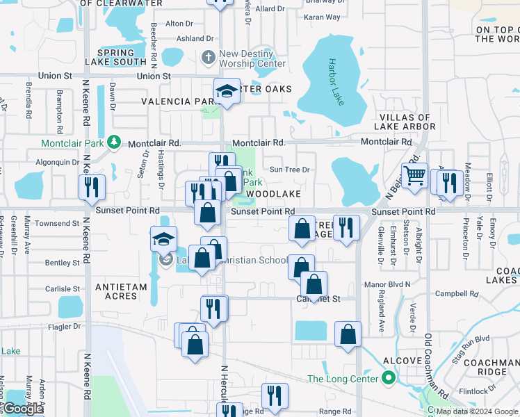 map of restaurants, bars, coffee shops, grocery stores, and more near 2052 Sunset Grove Lane in Clearwater