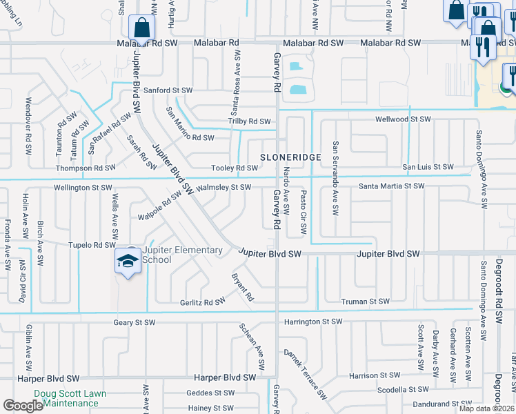 map of restaurants, bars, coffee shops, grocery stores, and more near 426 Tonklin Road Southwest in Palm Bay