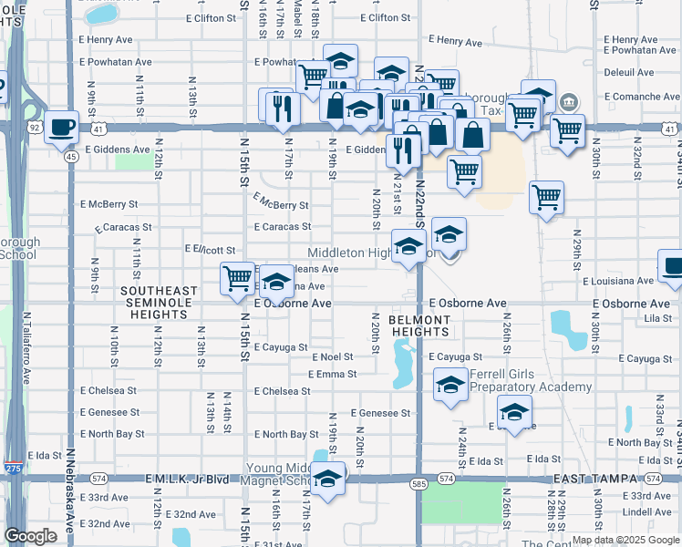 map of restaurants, bars, coffee shops, grocery stores, and more near 1903 East New Orleans Avenue in Tampa