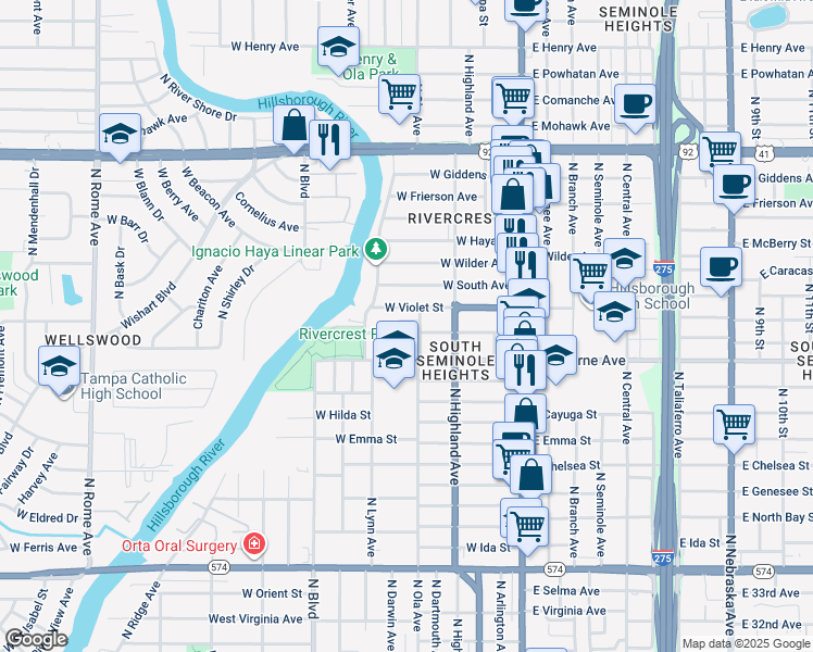map of restaurants, bars, coffee shops, grocery stores, and more near 405 West Louisiana Avenue in Tampa