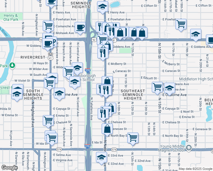 map of restaurants, bars, coffee shops, grocery stores, and more near 903 East New Orleans Avenue in Tampa