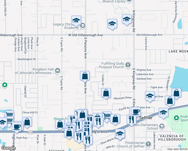 map of restaurants, bars, coffee shops, grocery stores, and more near 702 Chadsworth Avenue in Seffner