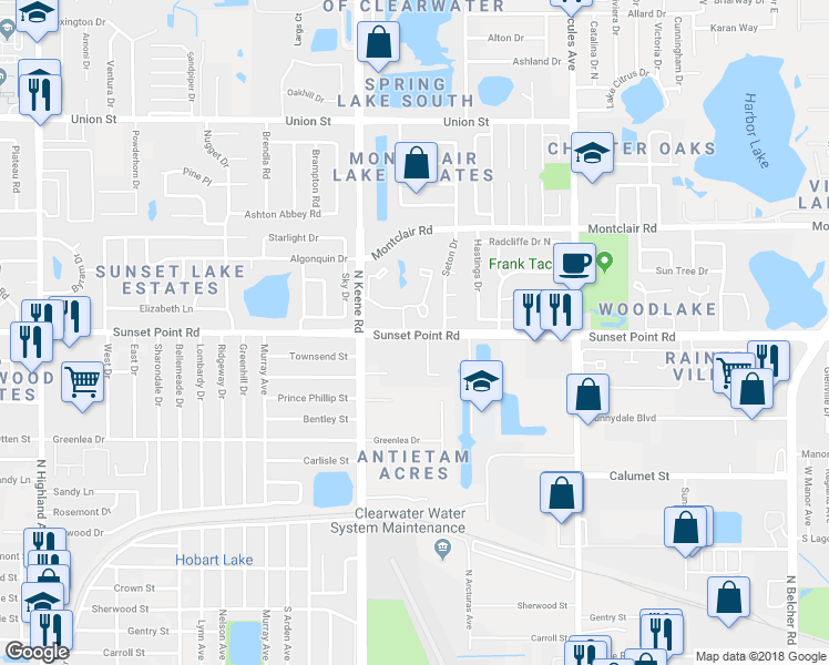 map of restaurants, bars, coffee shops, grocery stores, and more near 1869 Sunset Point Road in Clearwater