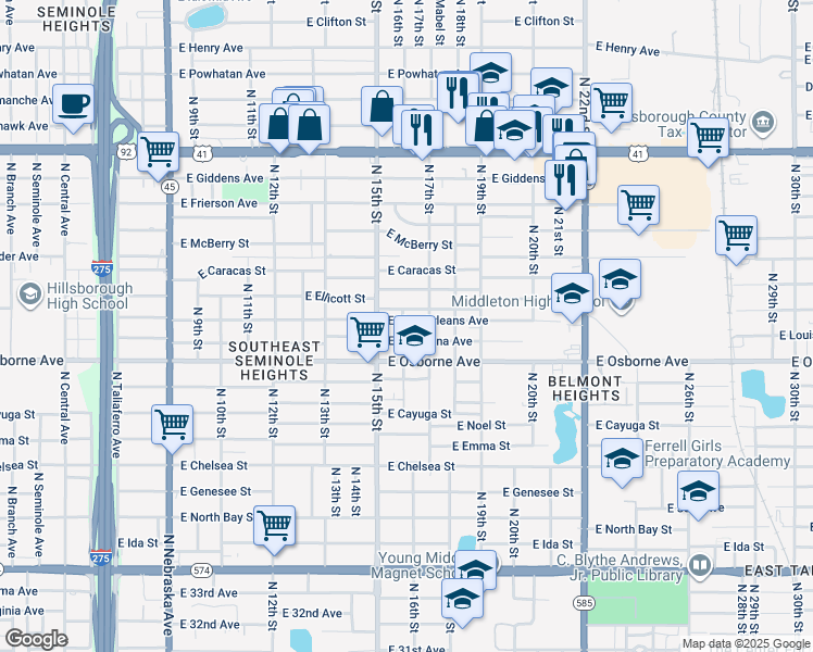 map of restaurants, bars, coffee shops, grocery stores, and more near 4905 North 16th Street in Tampa