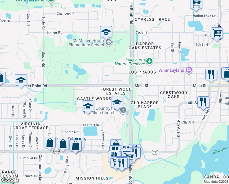 map of restaurants, bars, coffee shops, grocery stores, and more near 1883 Forest Wood Drive in Clearwater