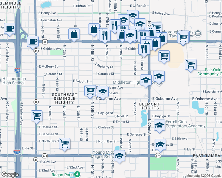 map of restaurants, bars, coffee shops, grocery stores, and more near 1707 East New Orleans Avenue in Tampa