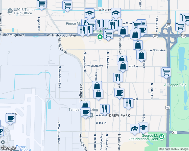 map of restaurants, bars, coffee shops, grocery stores, and more near 4812 North Manhattan Avenue in Tampa